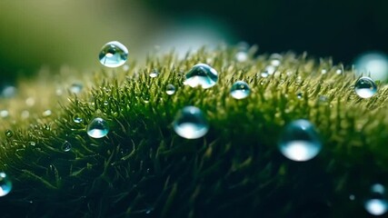 Aufkleber - The camera moves in on a patch of moss revealing dozens of rain droplets hanging from its curved leaves.