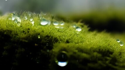 Poster - The camera pans across a bed of moss revealing the unique shapes and sizes of each individual rain droplet on its surface.
