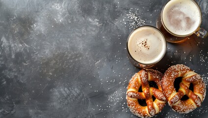 Two Glasses of Beer with Pretzels on a Gray Background