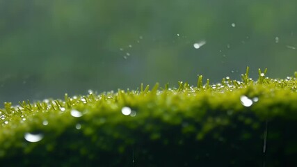 Aufkleber - A slowmotion shot captures raindrops falling onto the already wet surface of the moss creating ripples and cascading effects.