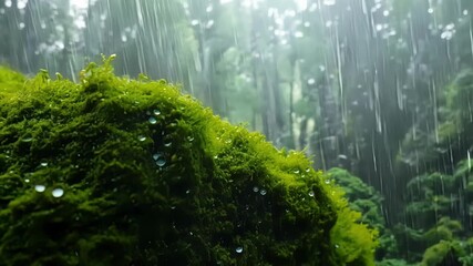 Poster - The rain intensifies and the moss becomes a sea of shimmering jewels as each droplet reflects the soft light.