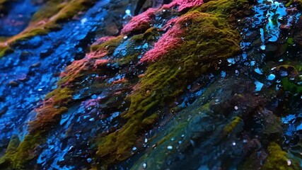 Poster - Against a backdrop of dark damp rocks a bright pink and blue moss grows in unexpected and eyecatching patterns.