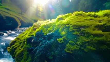 Aufkleber - In a rocky stream vibrant patches of lime green and deep blue moss sway gently in the waters current creating a mesmerizing and colorful display.