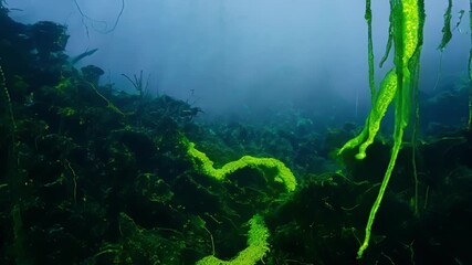 Poster - In a misty rainforest neonhued moss dangles from tree branches creating a fantastical and otherworldly atmosphere.