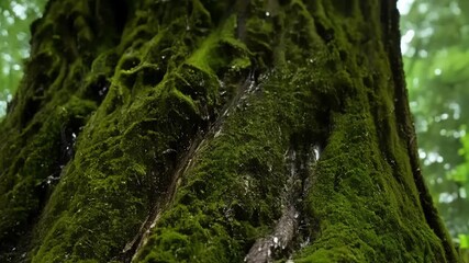 Poster - Closeup of a gnarled old tree trunk covered in a thick layer of rich green moss thriving in the protection of the surrounding heavy shade.