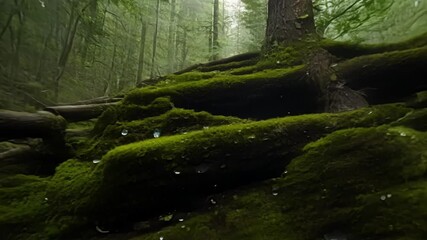 Poster - Moving through a dense forest the camera captures glimpses of dark green patches of moss clinging onto tree branches and fallen logs hidden in the shade.
