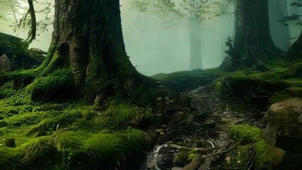 Poster - Tracking shot over a treacherous and mossy path shaded by towering trees giving the viewer a feeling of being immersed in a mystical forest.