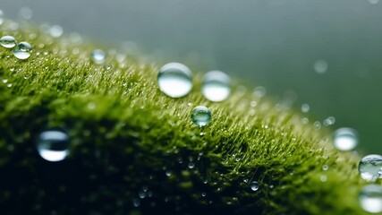 Aufkleber - A closeup shot focuses on the tiny water droplets that have collected on the surface of the moss accentuating its soft spongelike texture.