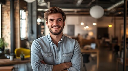 Headshot of Young entrepreneur in a loft office, casual elegance, modern furniture in the background, symbolizing startup culture, stock photo