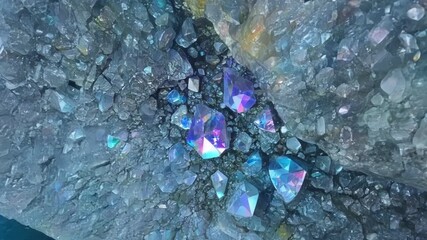 Aufkleber - The camera moves in close to a jagged rock face showcasing the colorful and intricate array of crystals embedded within its cracks and crevices.
