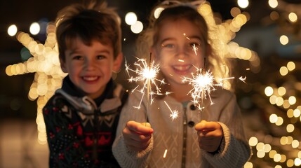 Celebrating New Year's Eve with Sparklers - Happy Children Enjoying Festive Lights Outdoors