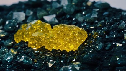 Aufkleber - In a tight shot crystals of a bright yellow mineral can be seen growing in s on the surface of a dark pitted volcanic rock.