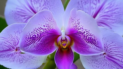 Aufkleber - A closeup of a purple orchids intricate symmetrical petals showcases its stunning beauty and unique patterns.