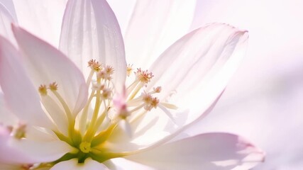 Poster - The delicate white petals of a cherry blossom tinged with hints of pink and delicate stamens in the center.
