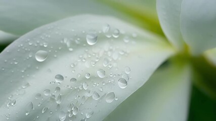 Aufkleber - A closeup shot of a white lily reveals perfectly spherical beads of rainwater creating a mesmerizing pattern against the smooth velvety petals.