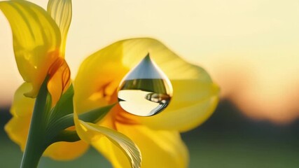 Aufkleber - A slow motion shot captures the moment a single droplet falls from a yellow daffodil creating a beautiful ripple effect as it hits the ground.