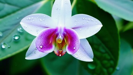 Aufkleber - Emerald green leaves provide the perfect backdrop for a closeup shot of a purple orchid covered in tiny water droplets giving it a fresh and rejuvenated appearance.