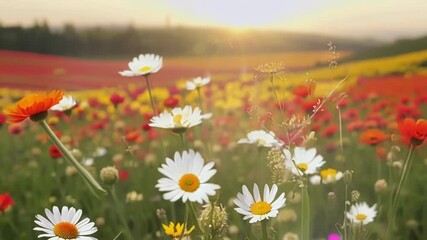 Aufkleber - A field of wildflowers a riot of vibrant colors as delicate white daisies mix with fiery red poppies sunny yellow buttercups and deep purple lupines.