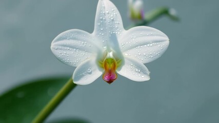 Poster - The graceful curve of a white orchid bloom with dewdrops clinging to its smooth surface.