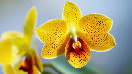 Poster - A detailed shot of a bright yellow orchid its petals seemingly painted with a unique pattern of tiny dots and swirls.