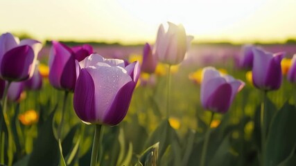 Aufkleber - The camera slowly pans across a field of purple and yellow tulips capturing the unique patterns on each flowers petals.