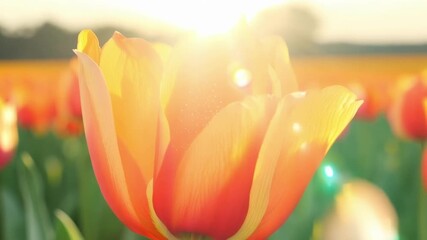 Poster - A vibrant closeup of a fiery orange tulip its flamboyant petals adding a pop of color to the field.