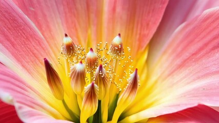 Poster - Focusing on the center of a vibrant pink lily tiny pollen grains can be seen covering the stamens.