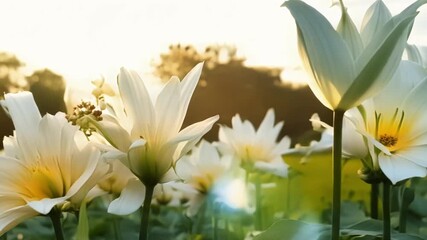 Poster - The camera slowly pans over a group of lilies highlighting the varying heights and sizes of their blossoms.