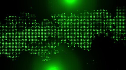 Flashing and flickering green squares of different saturations on a dark background. The squares change shape and size randomly. Dynamic video. Technological cyberspace representation wallpaper.