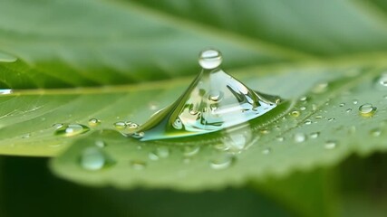 Aufkleber - Macro shot of raindrops resting on the smooth waxy surface of bright green leaves reflecting the surrounding foliage.