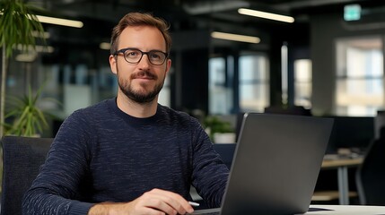professional headshot of a software developer in a modern office, coding on a laptop, focus and dedi