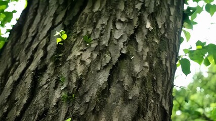 Aufkleber - The contrast between the dark rough bark and the vibrant green of new leaves sprouting from a tree.