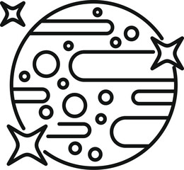 Poster - simple line drawing of a planet with craters orbiting in space surrounded by shining stars