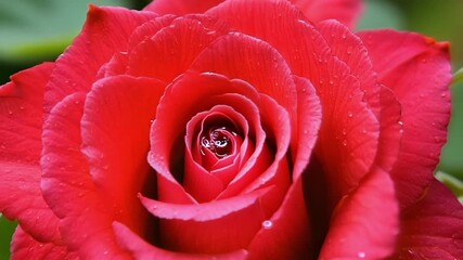 Aufkleber - A zoomed in view of dew drops clinging to the soft petals of a bright red rose reflecting the surrounding greenery.