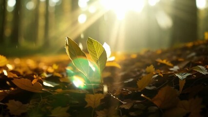 Aufkleber - A closeup of a forest floor capturing rays of sunlight filtering through the leaves and highlighting the delicate s of a fallen leaf.