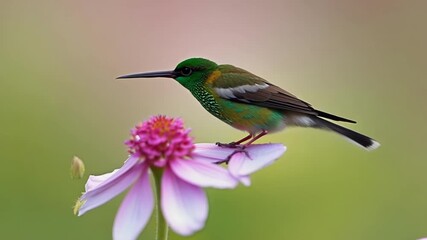 Poster - A closeup of a hummingbirds tiny feet as it clings onto a delicate pink flower while sipping on its sweet nectar.