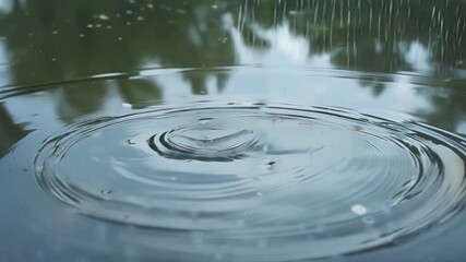 Poster - An overhead shot of raindrop ripples on a puddle reflecting the surrounding scenery like a distorted mirror.