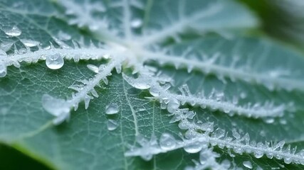 Aufkleber - A closeup of frost crystals forming intricate patterns on the edges of a leaf resembling miniature snowflakes.
