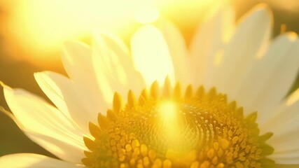 Poster - A closeup shot reveals a golden sunbeam shining through the translucent petals of a daisy highlighting the intricate details of each tiny petal.