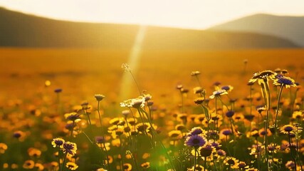 Aufkleber - In a mesmerizing panoramic shot the camera showcases a field of colorful wildflowers the sunlight glinting through their petals like a sea of tiny jewels.