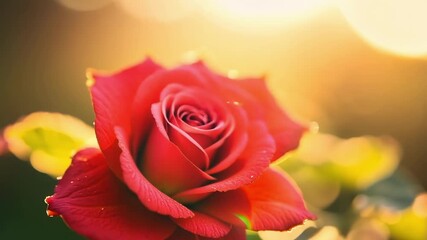 Poster - A single red rose comes into focus its soft petals glowing as the suns rays hit them just right creating a warm and inviting scene.