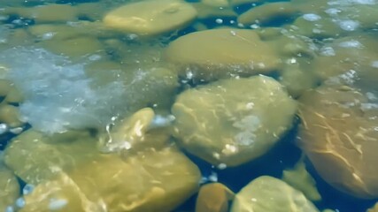 Aufkleber - A series of quick shots featuring the pebbles as they tumble and swirl in the gentle current of the river creating a mesmerizing underwater dance.