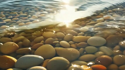 Poster - A side angle shot of the river pebbles with the sun shining down from above creating a playful glare on the water and highlighting the vibrant colors and textures of the stones.