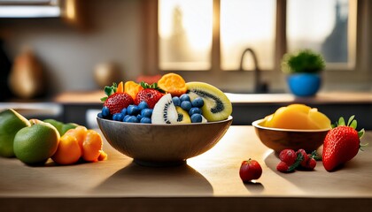 A vibrant kitchen scene features a colorful bowl of fresh fruits, including apples, oranges, bananas, grapes, and berries. This bright, appetizing arrangement adds a lively, wholesome touch.