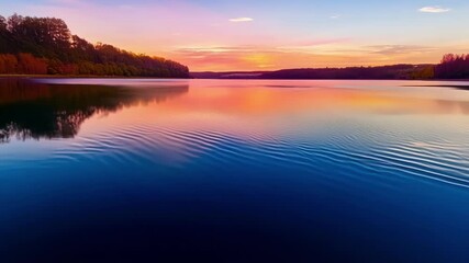 Poster - The camera slowly zooms in on the surface of a lake where the vibrant colors of the sunset are reflecting flawlessly creating a breathtaking symphony of blues pinks and oranges.