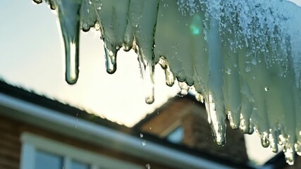 Aufkleber - A closeup of multiple icicles on the edge of a rooftop with water cascading down as they slowly melt in the sun.