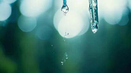Aufkleber - A slowmotion footage of icicles melting in a forest with the sound of falling water echoing in the quiet surroundings.