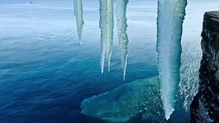Aufkleber - An overhead view of a large icicle melting on the edge of a cliff with the ocean water below reflecting the melting process.