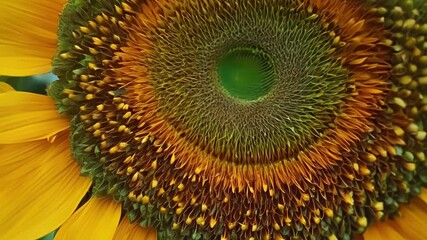 Poster - An extreme closeup of the center of a sunflower its spiraled seed pattern bursting with vibrant yellow hues.