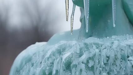 Aufkleber - A closeup of icicles melting on a statue slowly revealing the intricate details of the frozen sculpture.